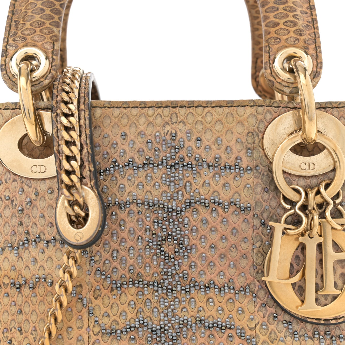 Snakeskin Beaded Mini Lady Dior Beige Multicolor