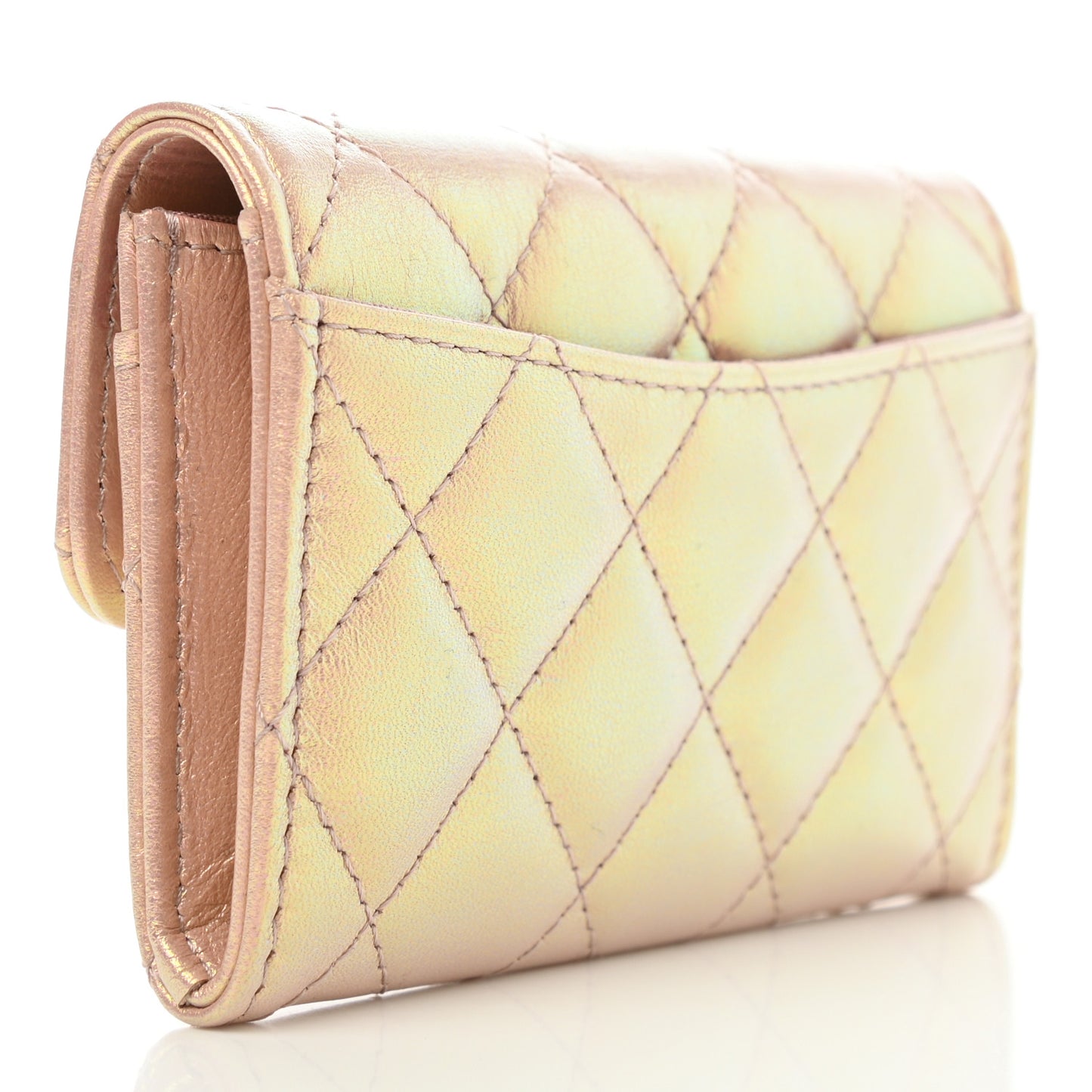 Iridescent Calfskin Quilted Flap Card Holder Wallet Pink