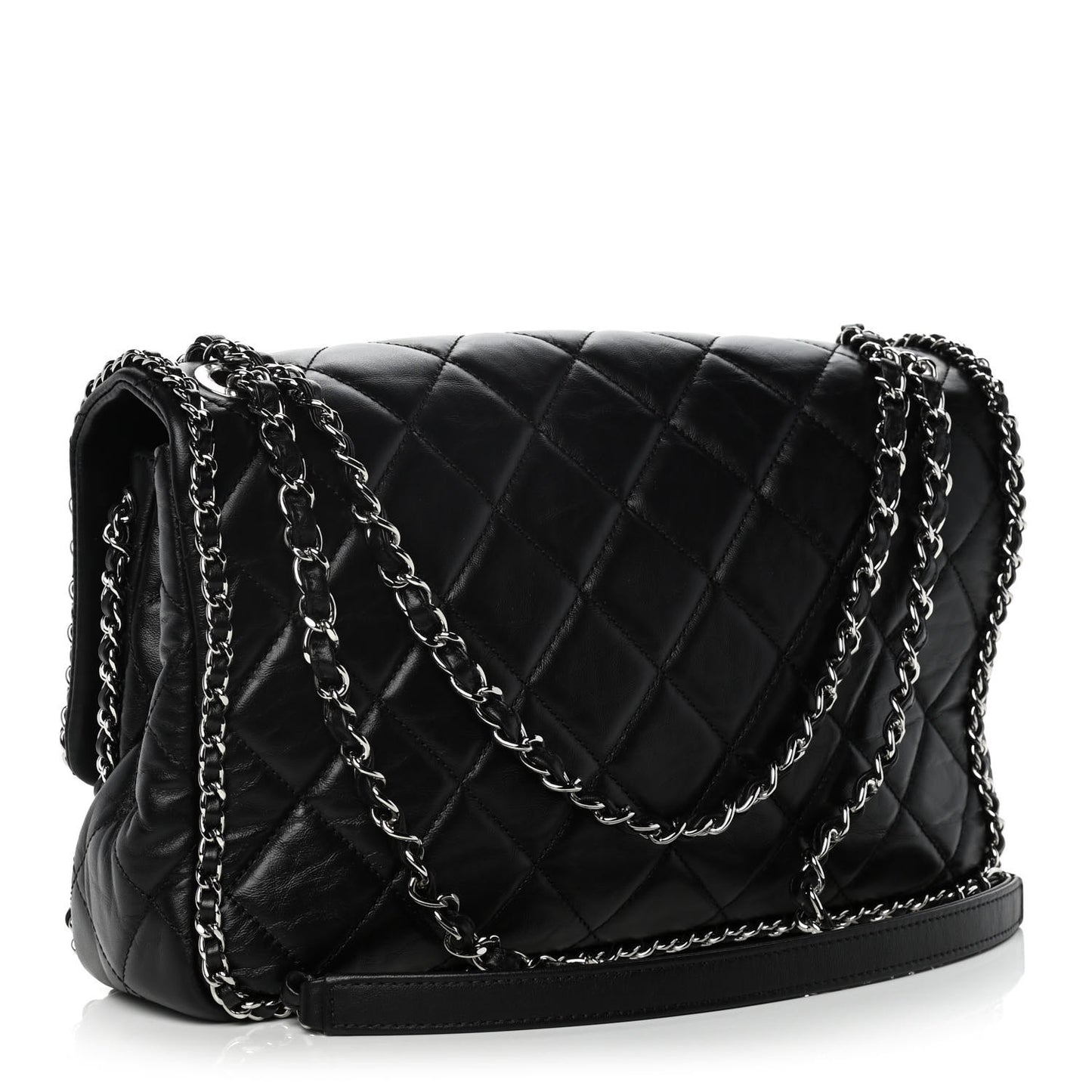 Crumpled Calfskin Quilted Large Chain All Over Flap Bag Black