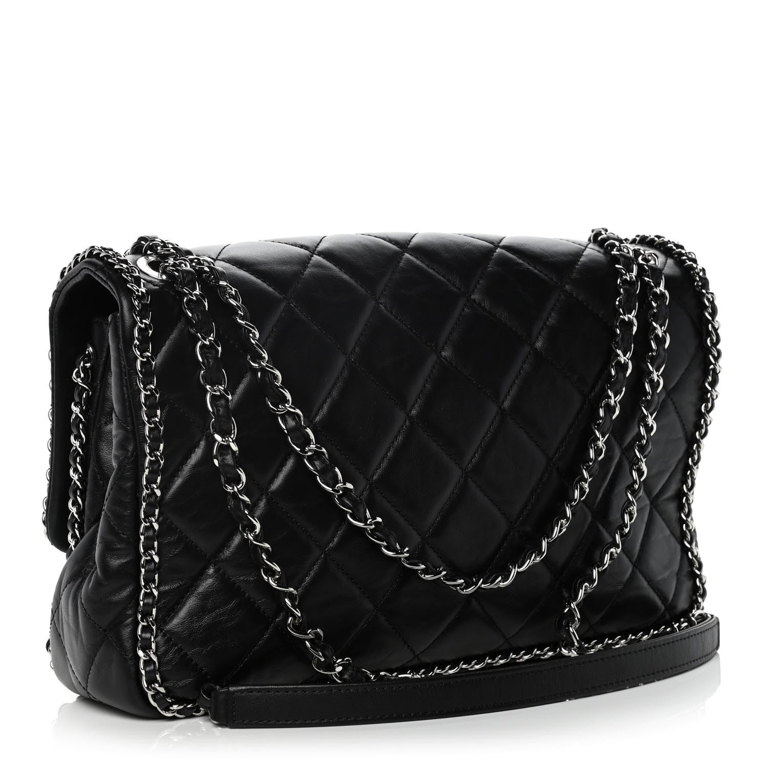 Chanel Crumpled Calfskin Quilted Large Chain All Over Flap Bag Black 3 of 11