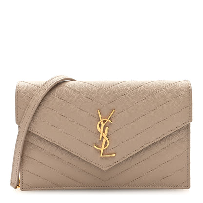 Saint Laurent Grain De Poudre Matelasse Chevron Monogram Envelope Chain Wallet Dark Beige 1 of 10
