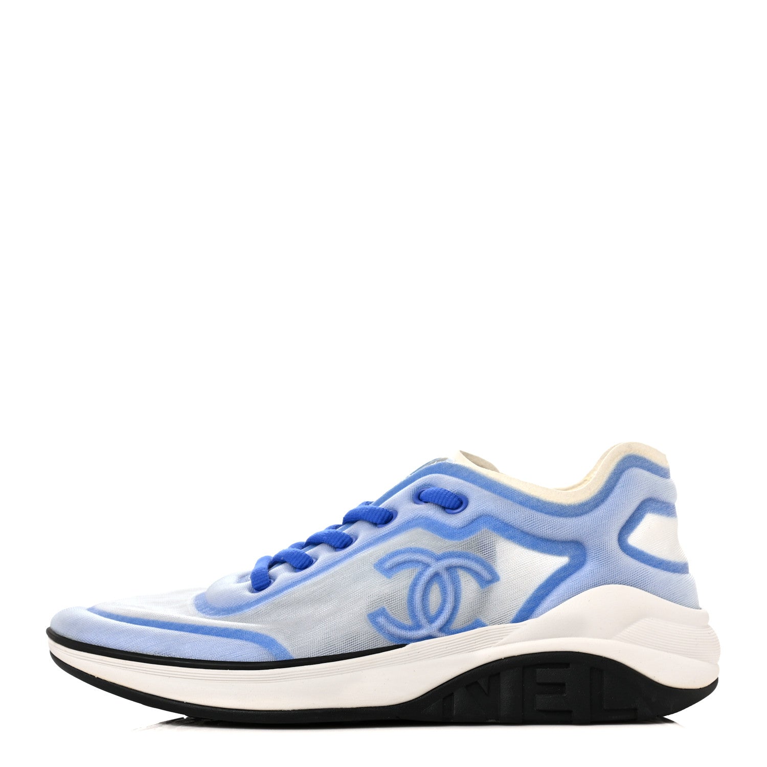 Chanel Calfskin Mesh Lycra Women's Logo Sneakers 38.5 White Blue 1 of 7