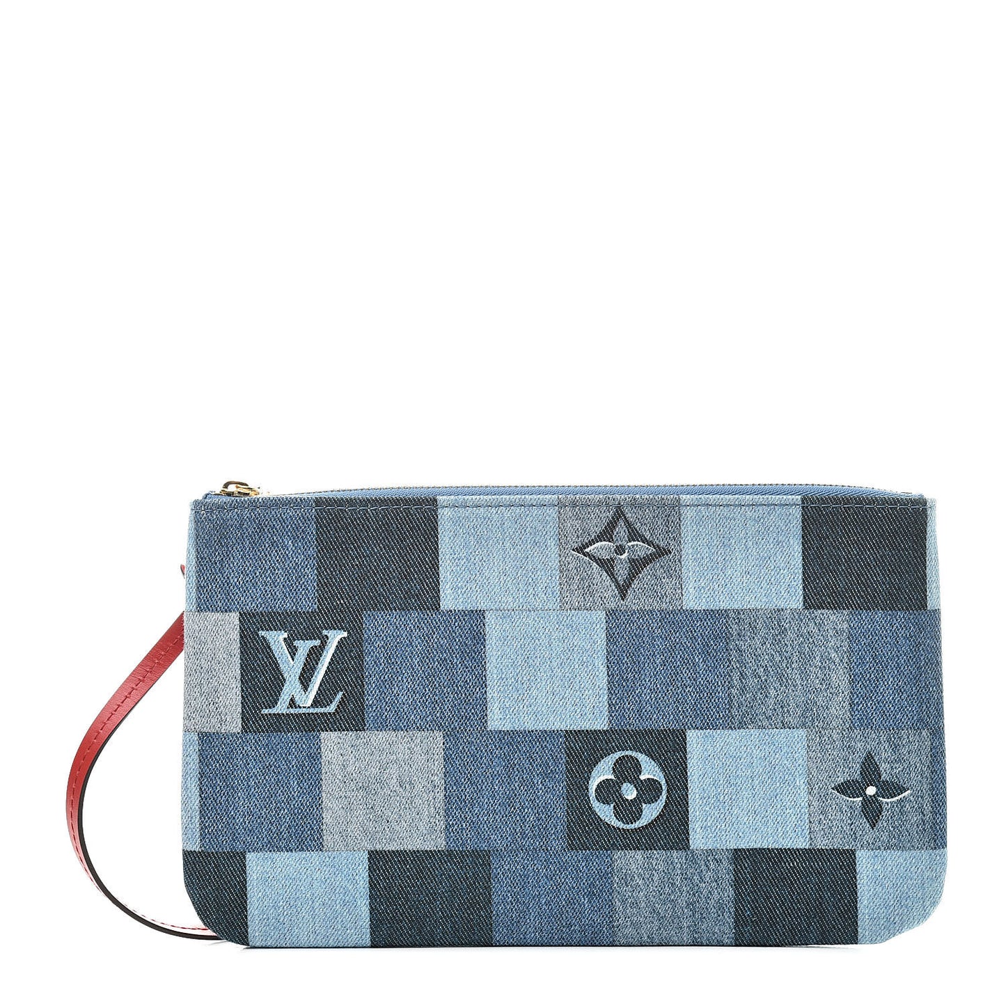 Denim Damier Monogram Patchwork Neverfull MM Pochette Blue Rouge