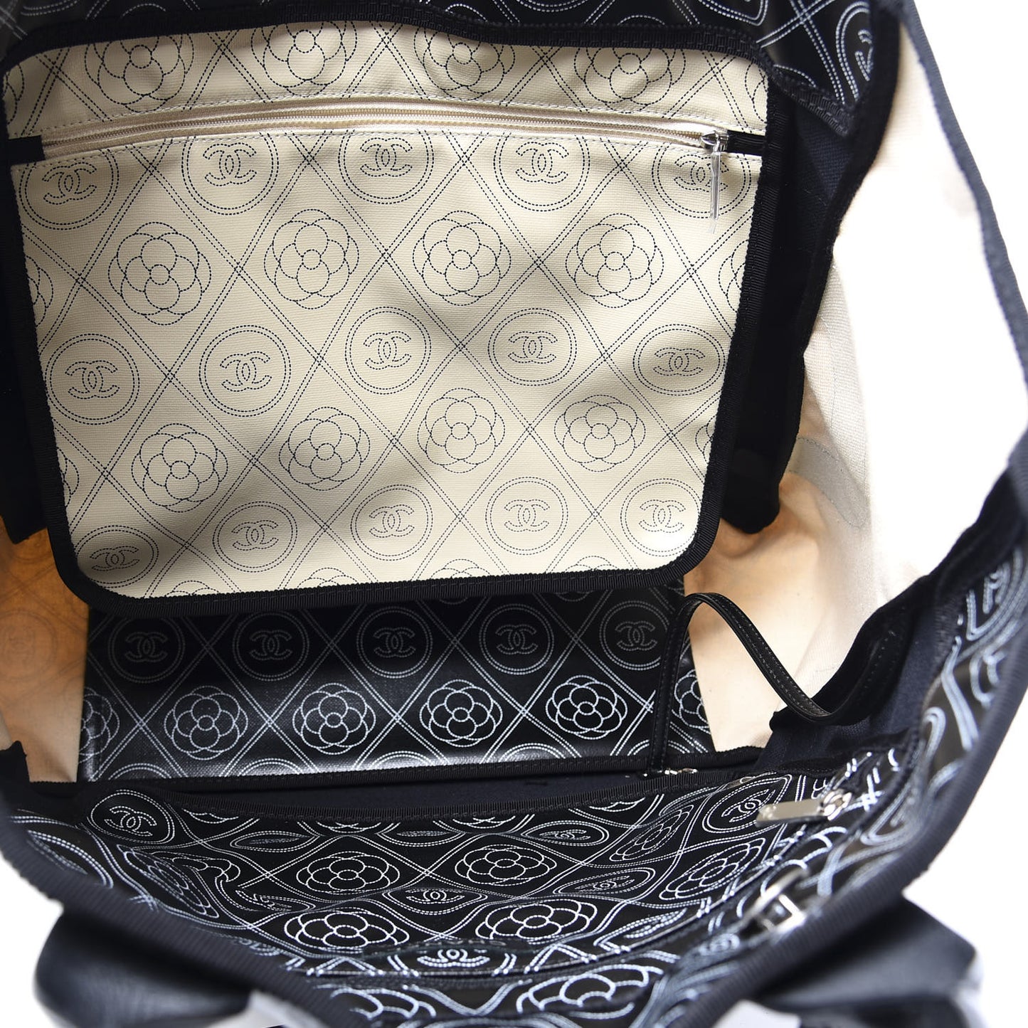 Coated Canvas Camellia Medium Shopping Tote Black Beige