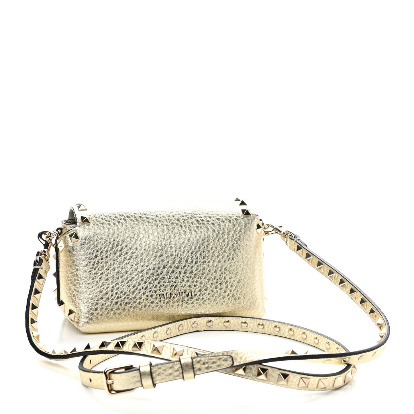 Metallic Pebbled Calfskin Mini Rockstud Crossbody Bag Gold
