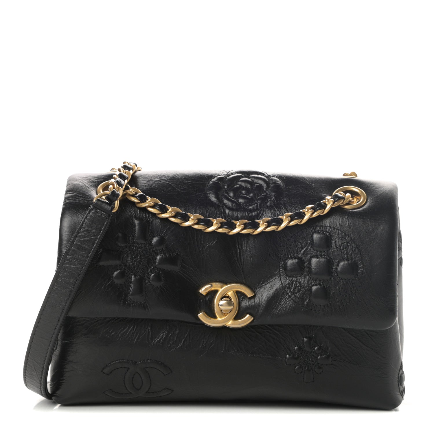 Chanel Aged Calfskin Embossed Camellia Flap Black 1 of 11