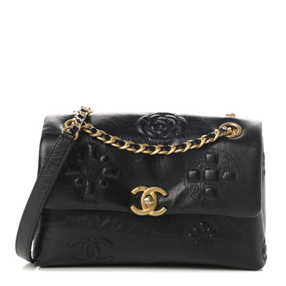 Chanel Aged Calfskin Embossed Camellia Flap Black 1 of 11