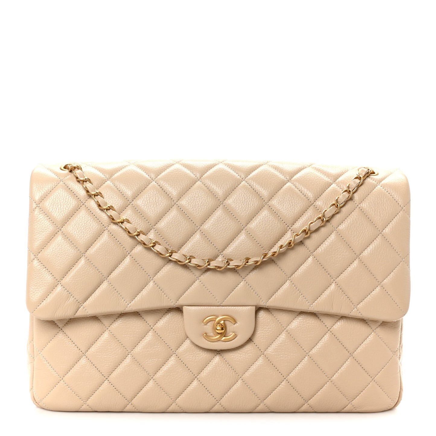 Grained Calfskin Quilted XXL Travel Flap Bag Beige