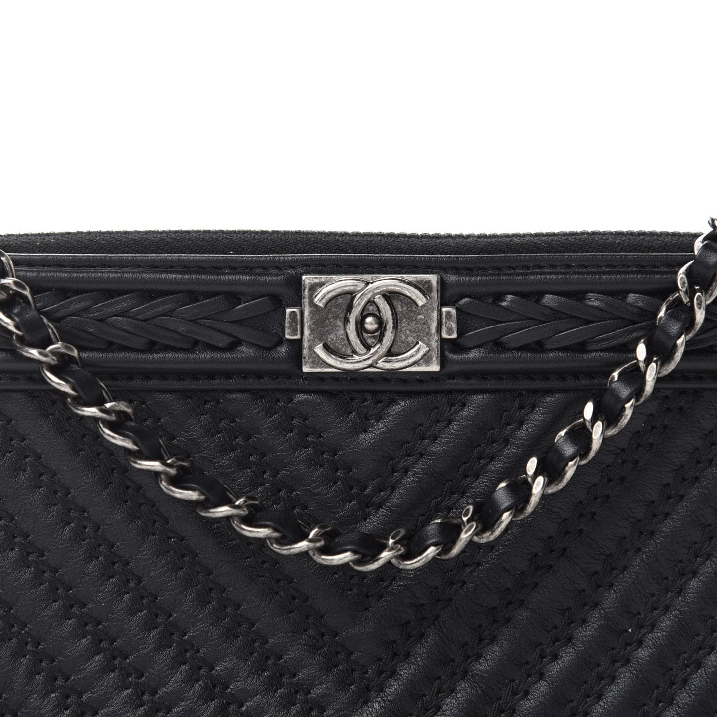 Calfskin Braided Chevron Quilted Small Boy Clutch With Chain Black