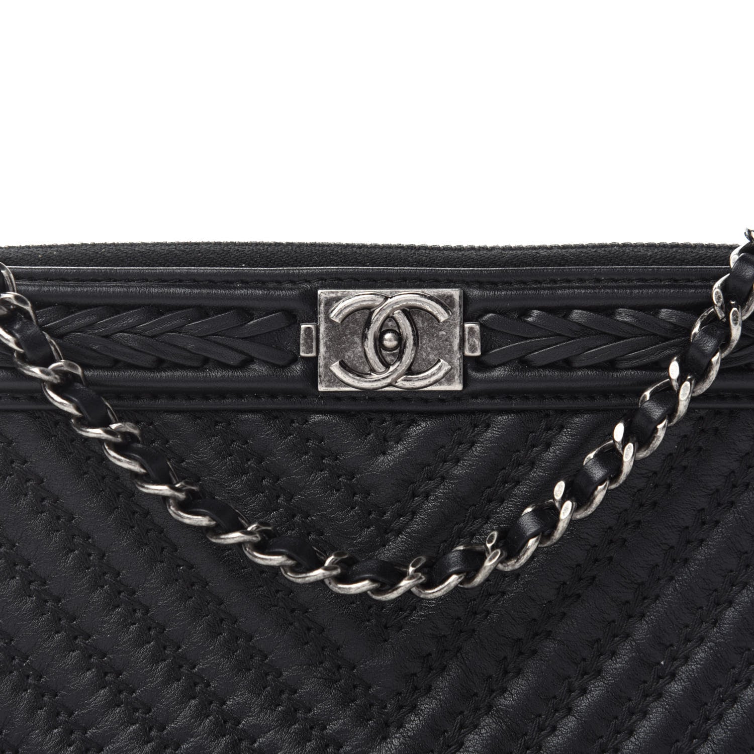 Chanel Calfskin Braided Chevron Quilted Small Boy Clutch With Chain Black 11 of 12