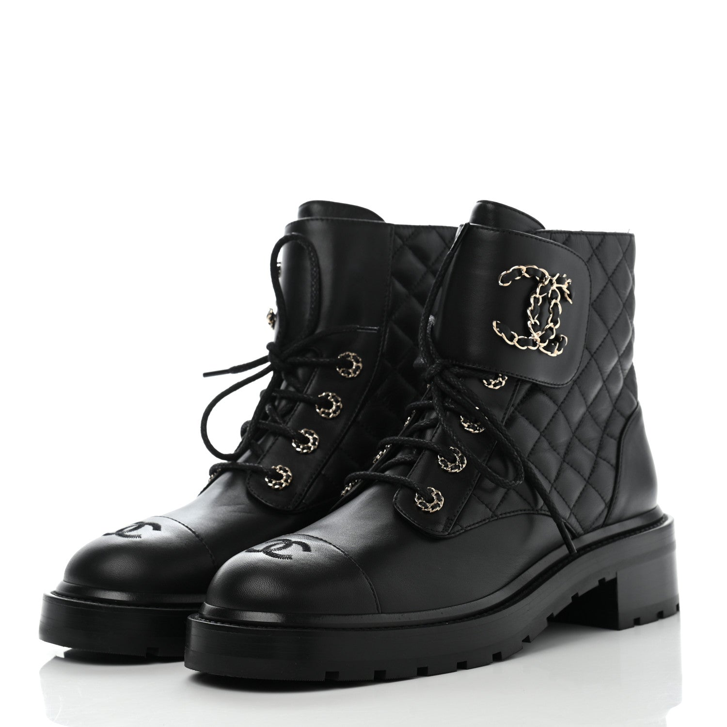 Chanel Shiny Lambskin Quilted Lace Up Combat Boots 40.5 Black 3 of 14