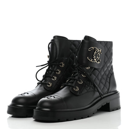 Chanel Shiny Lambskin Quilted Lace Up Combat Boots 40.5 Black 3 of 14
