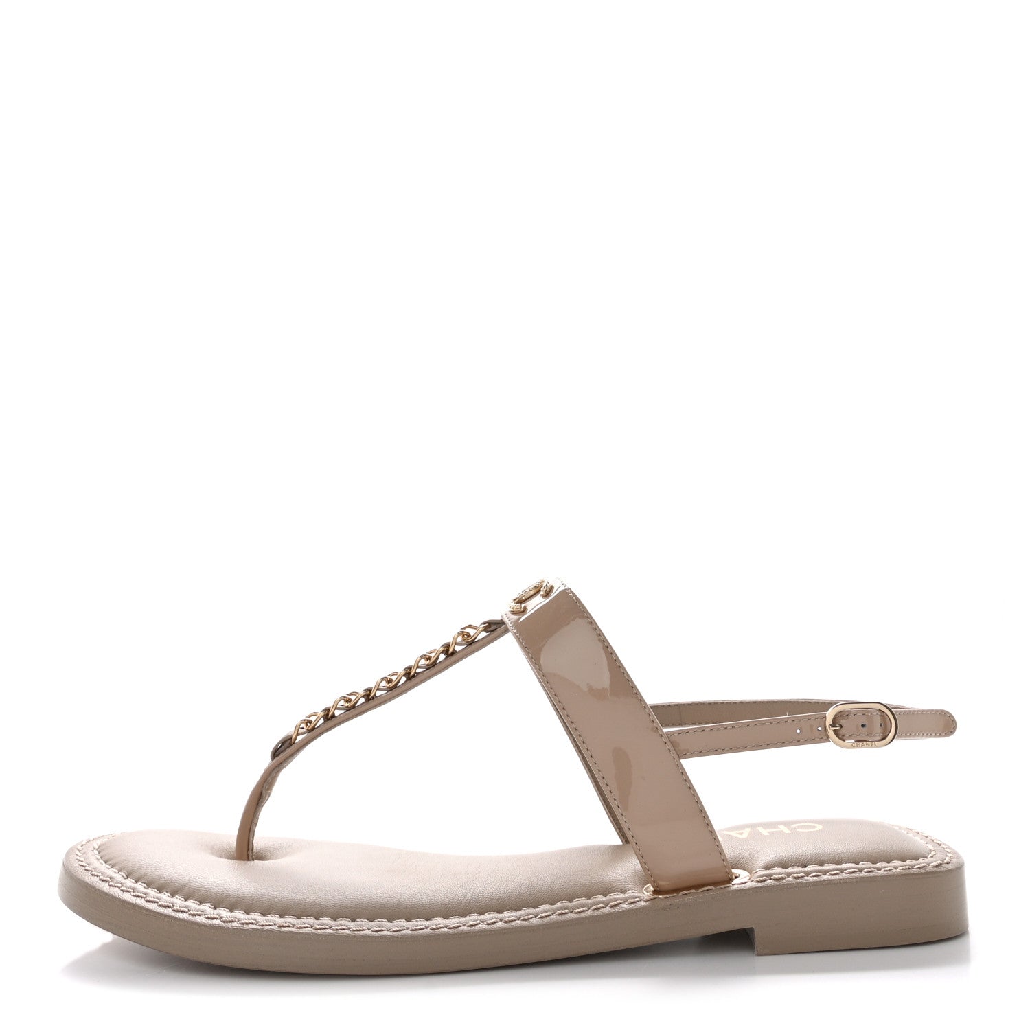 Chanel Lambskin Patent Chain CC Logo Thong Sandals 39 Beige 1 of 9