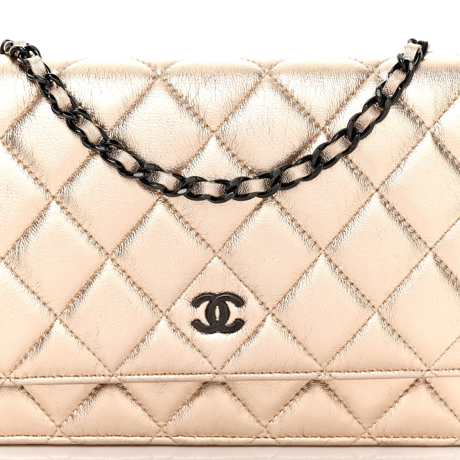 Chanel Metallic Lambskin Quilted Wallet On Chain WOC Gold Black 9 of 12