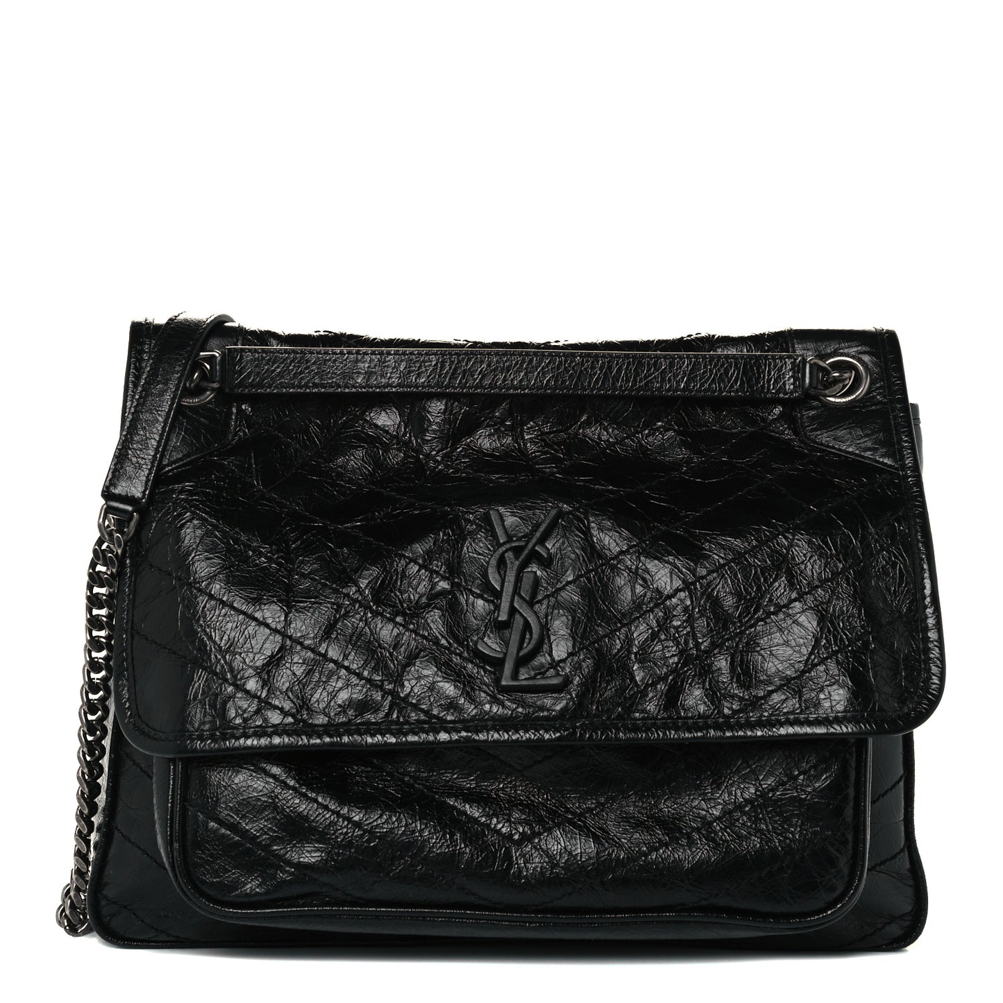 Crinkled Calfskin Matelasse Monogram Large Niki Chain Satchel Black