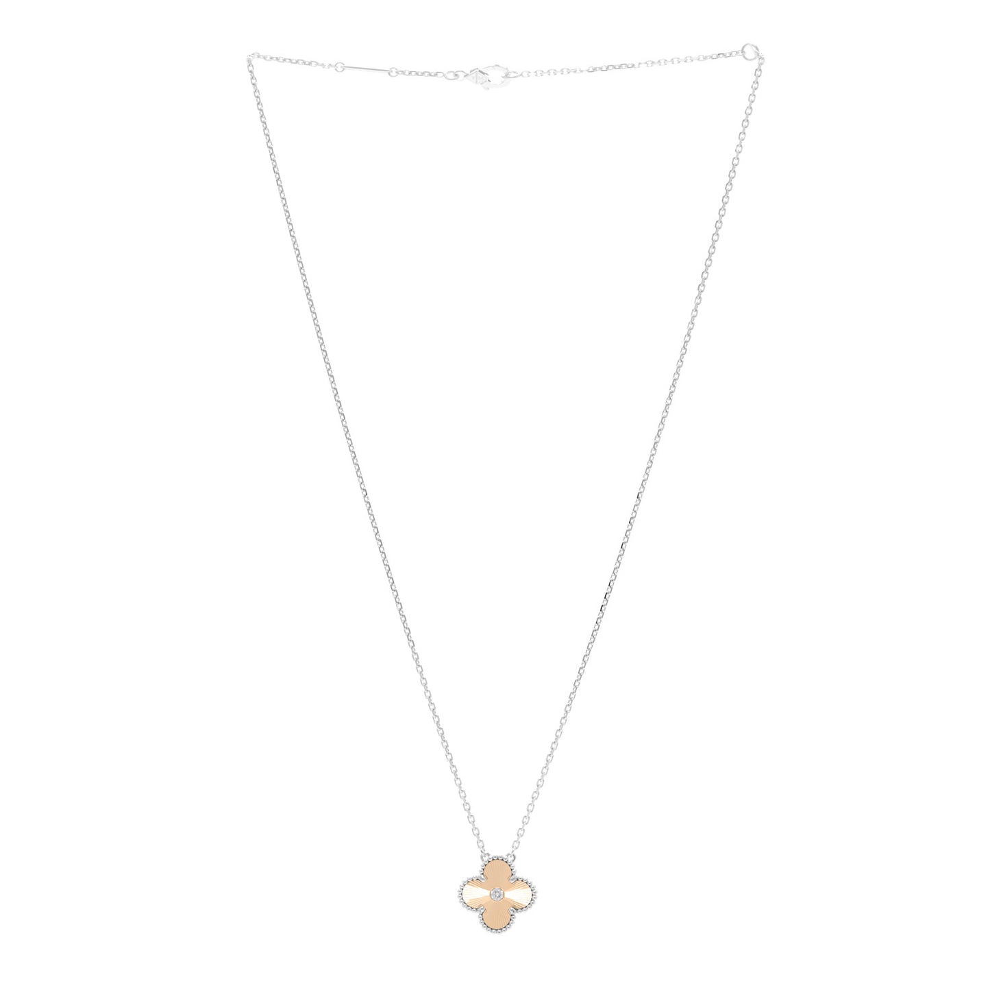 18K White Rose Gold Diamond Guilloche Vintage Alhambra Pendant Necklace