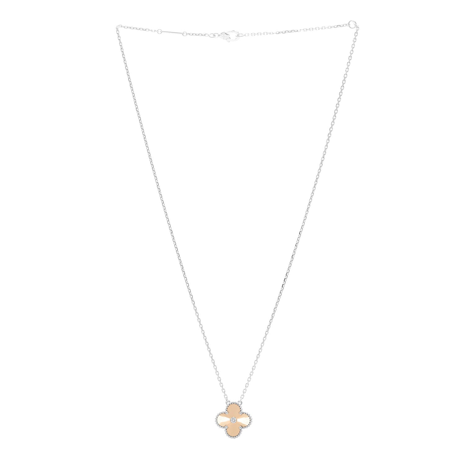 Van Cleef & Arpels 18K White Rose Gold Diamond Guilloche Vintage Alhambra Pendant Necklace 3 of 5