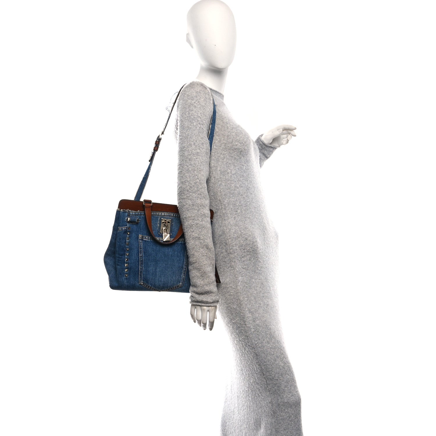 Valentino Garavani Calfskin Denim Rockstud Medium Joylock Satchel Blue 2 of 10