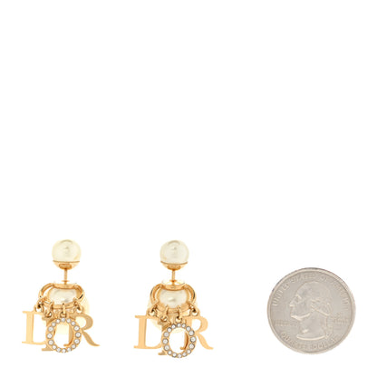 Christian Dior Pearl Crystal Tribal Logo Charms Earrings Gold 2 of 5