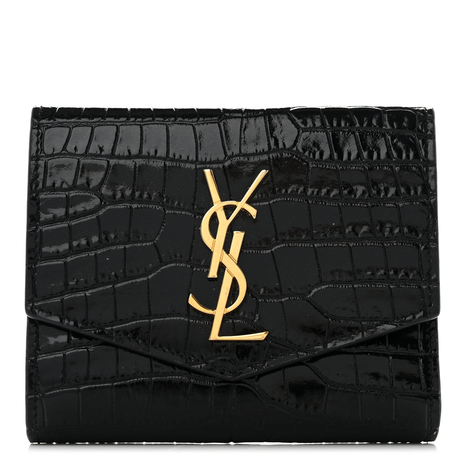 Saint Laurent Shiny Calfskin Crocodile Embossed Monogram Uptown Compact Wallet Black 1 of 13