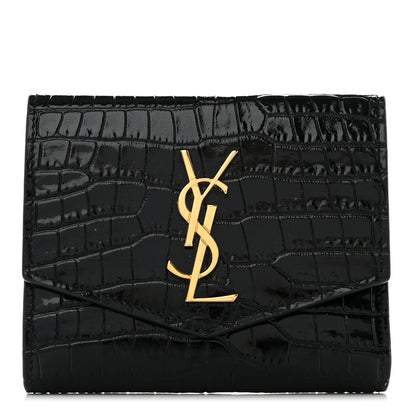 Saint Laurent Shiny Calfskin Crocodile Embossed Monogram Uptown Compact Wallet Black 1 of 13