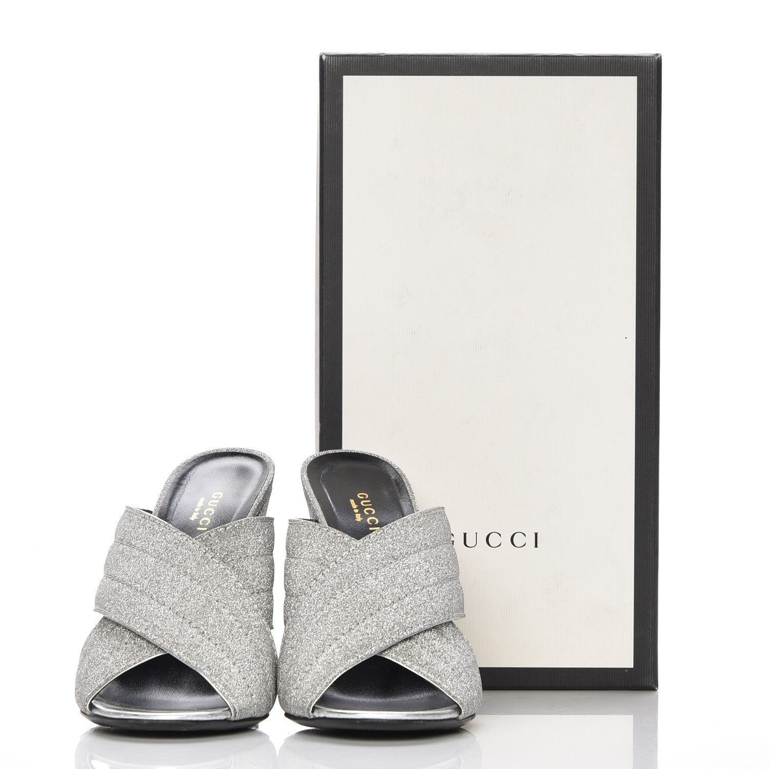 Gucci Glitter Fabric Webby Crossover High Heel Slide Sandals 39 Argento 8 of 8