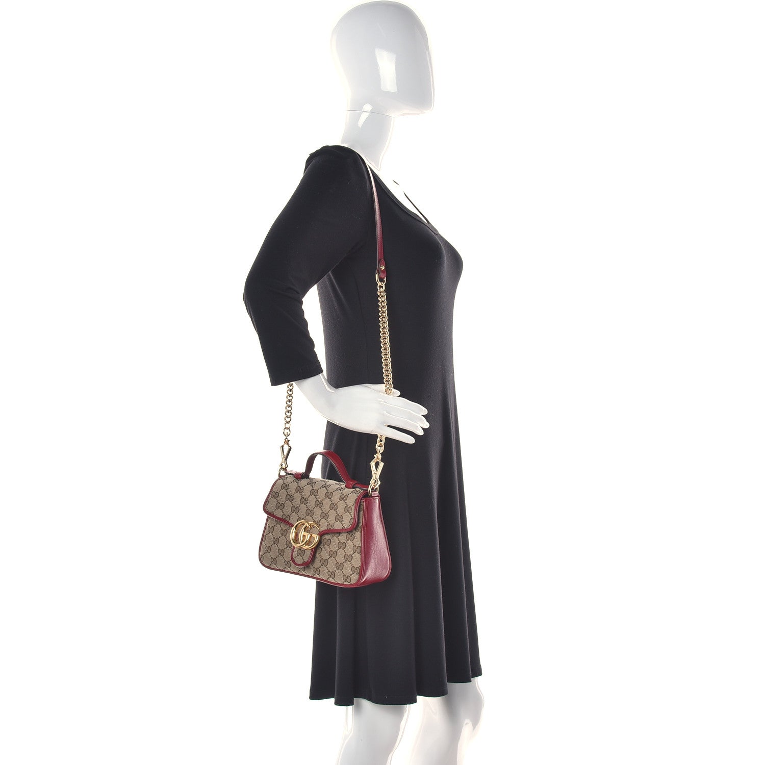 Gucci Monogram Glazed Calfskin Matelasse Diagonal Mini GG Marmont Top Handle Shoulder Bag Beige Ebony New Cherry Red 2 of 12