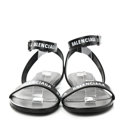 Balenciaga Calfskin Allover Logo Flat Sandals 38 Black White 2 of 9