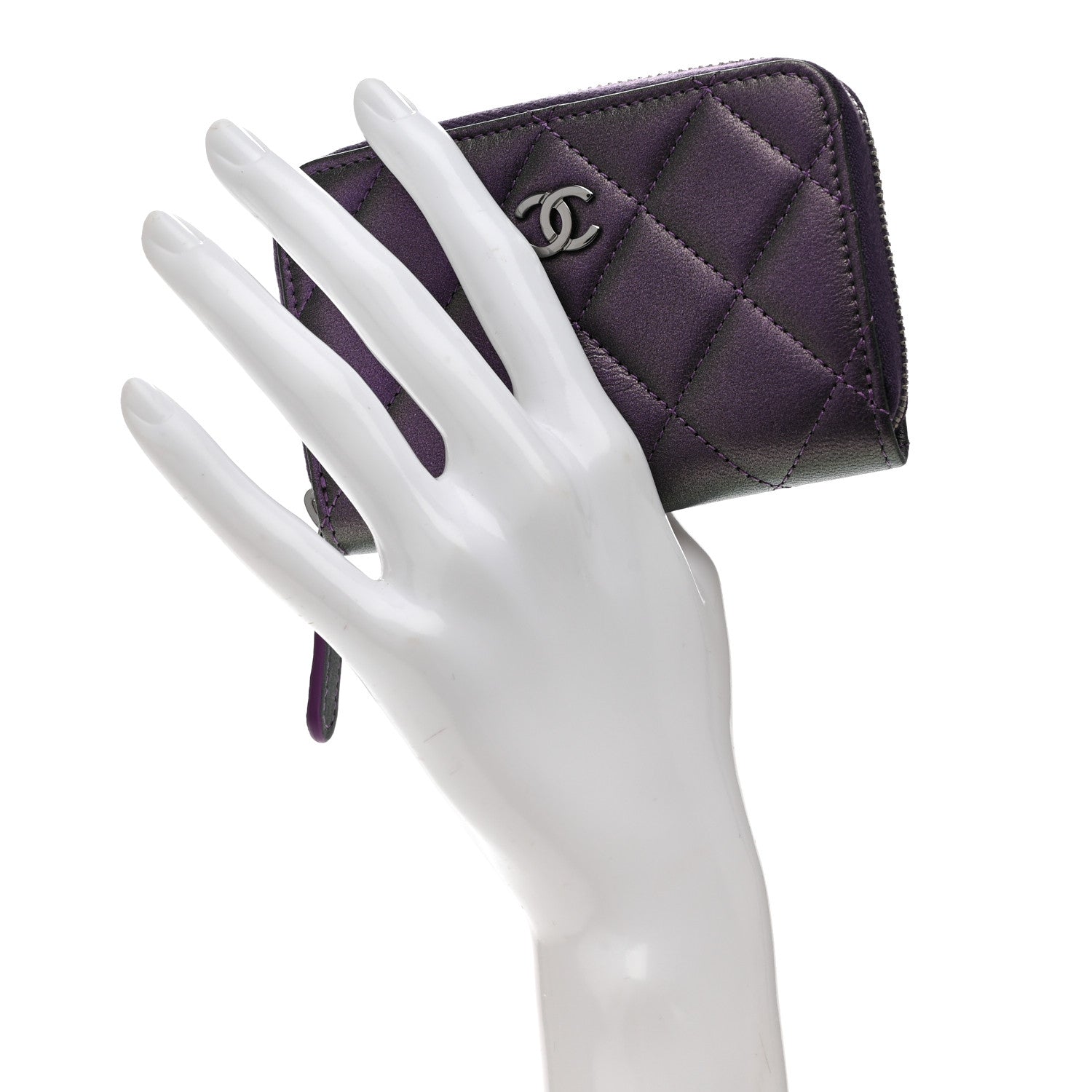 Chanel Metallic Lambskin Quilted Zip Around Coin Purse Wallet Dark Purple 2 of 8