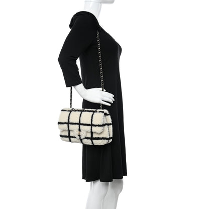 Chanel Shearling Lambskin Large Fluffy Tartan Single Flap White Black 2 of 10