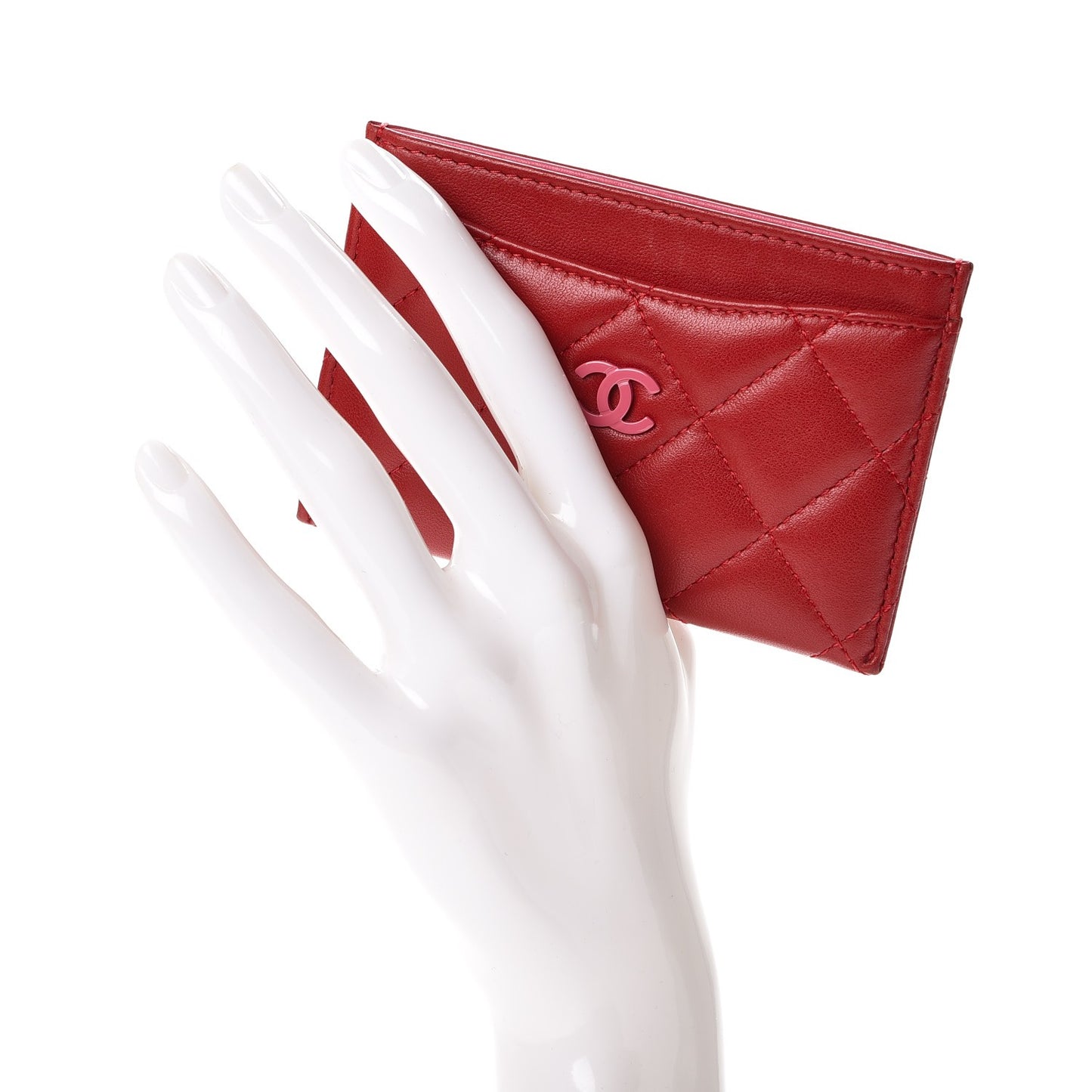 Lambskin Quilted Card Holder Red Pink
