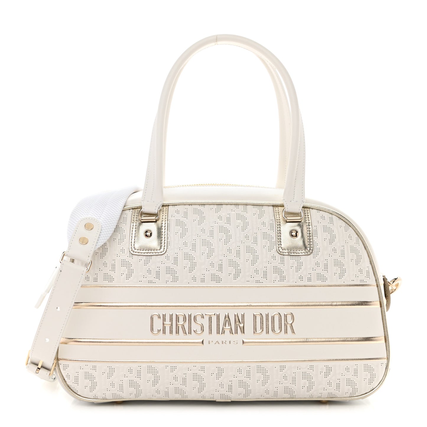 Perforated Calfskin Medium Dior Vibe Classic Bowling Bag White Gold