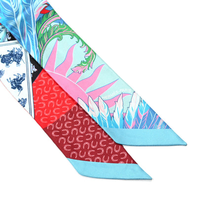 Hermes Silk Cheval Phoenix Twilly Bleu Rouge Rose 1 of 4