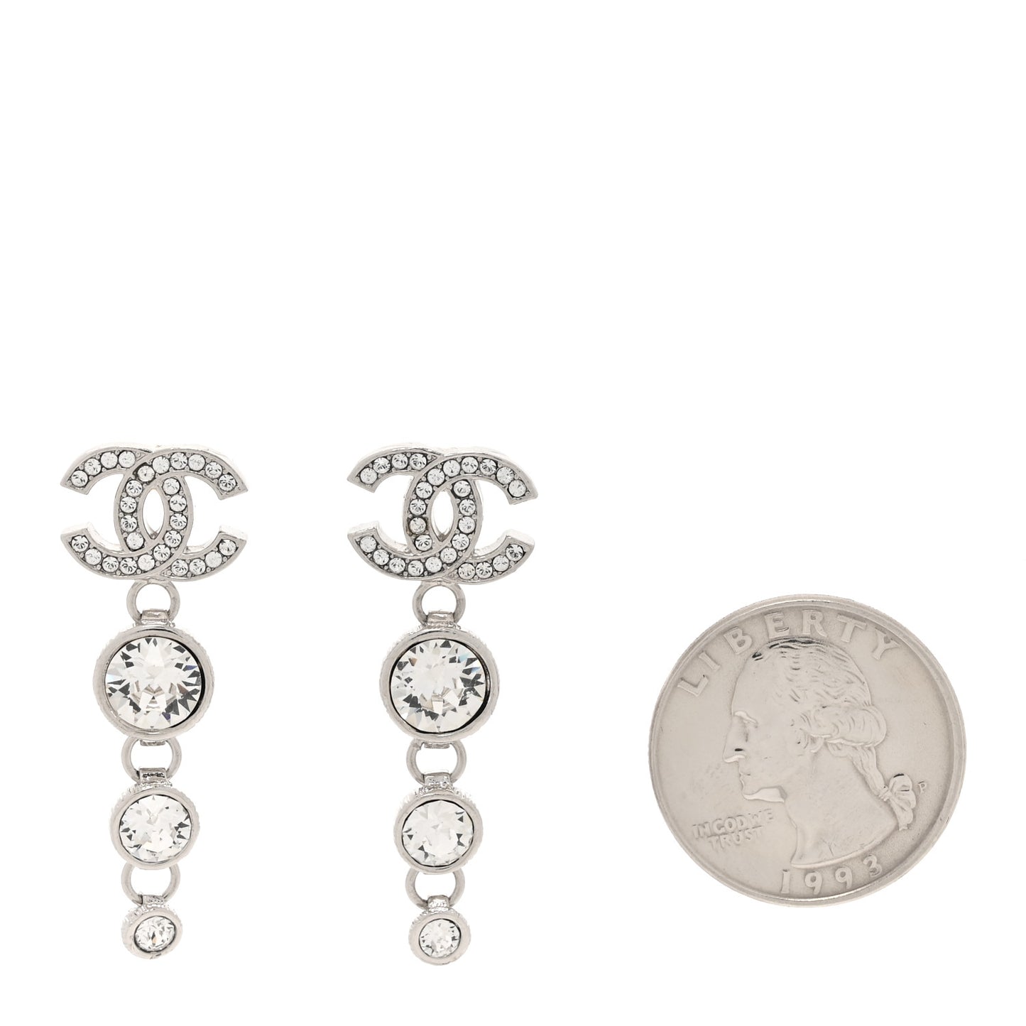 Metal Crystal CC Drop Earrings Silver