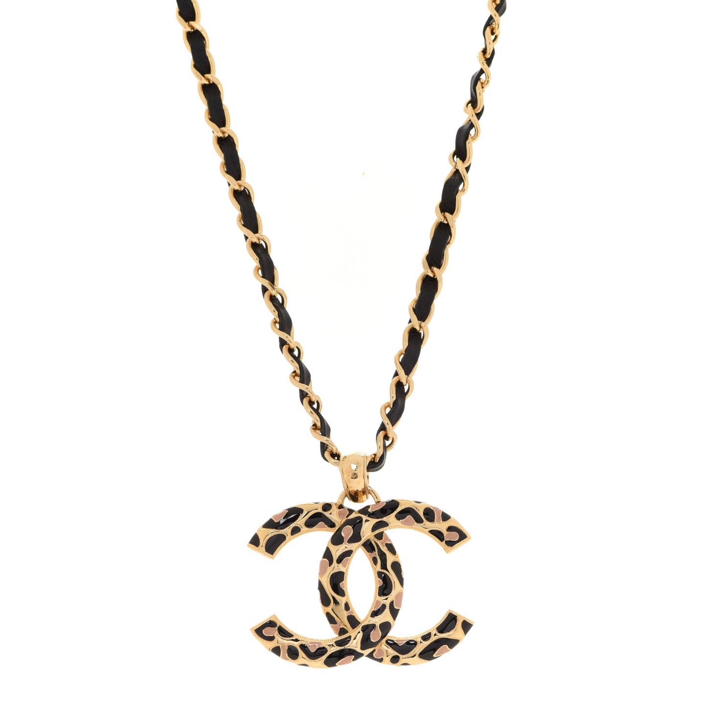 Metal Calfskin Leopard Print CC Pendant Necklace Gold Black Beige