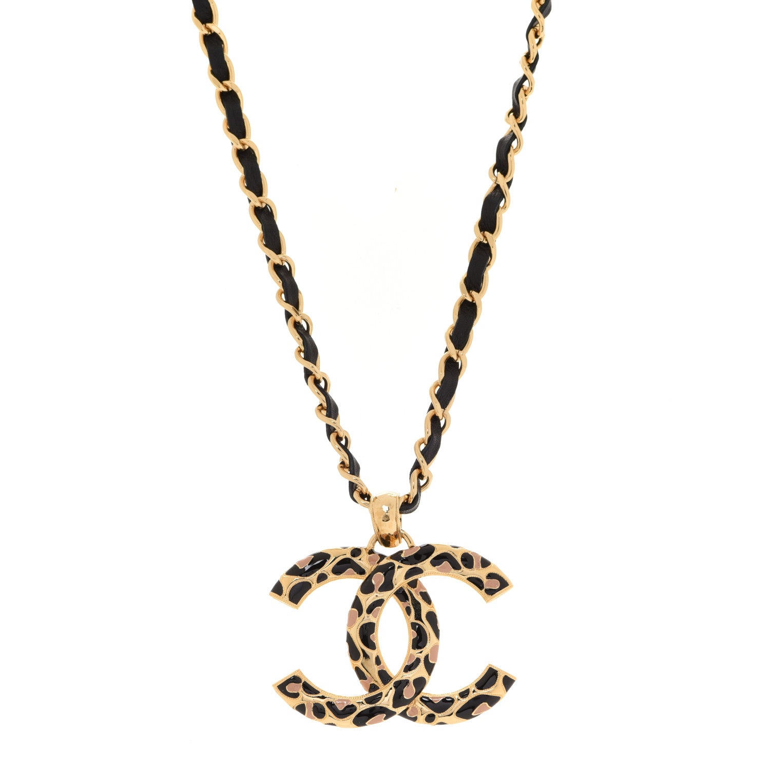 Chanel Metal Calfskin Leopard Print CC Pendant Necklace Gold Black Beige 1 of 6