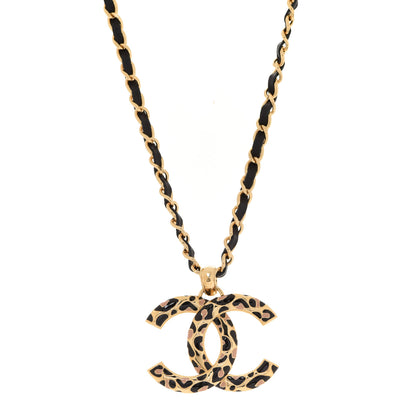 Chanel Metal Calfskin Leopard Print CC Pendant Necklace Gold Black Beige 1 of 6