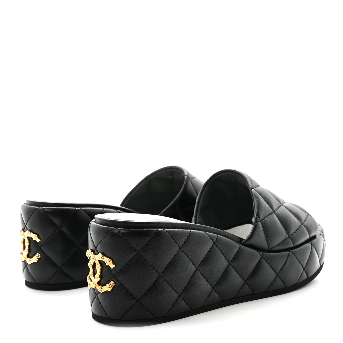 Lambskin Quilted Camelia CC Wedge Sandal Mules 38.5 Black