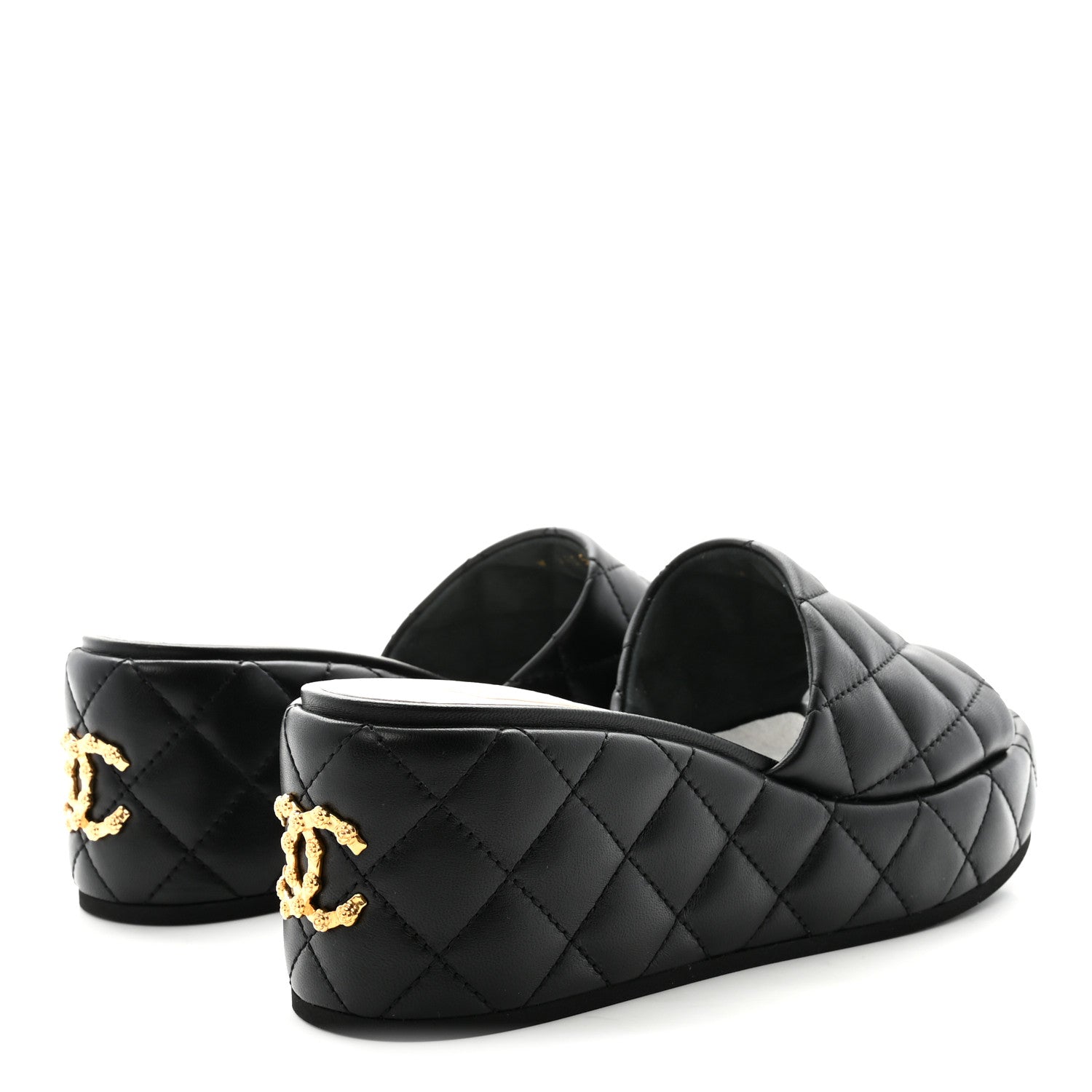 Chanel Lambskin Quilted Camelia CC Wedge Sandal Mules 38.5 Black 5 of 10