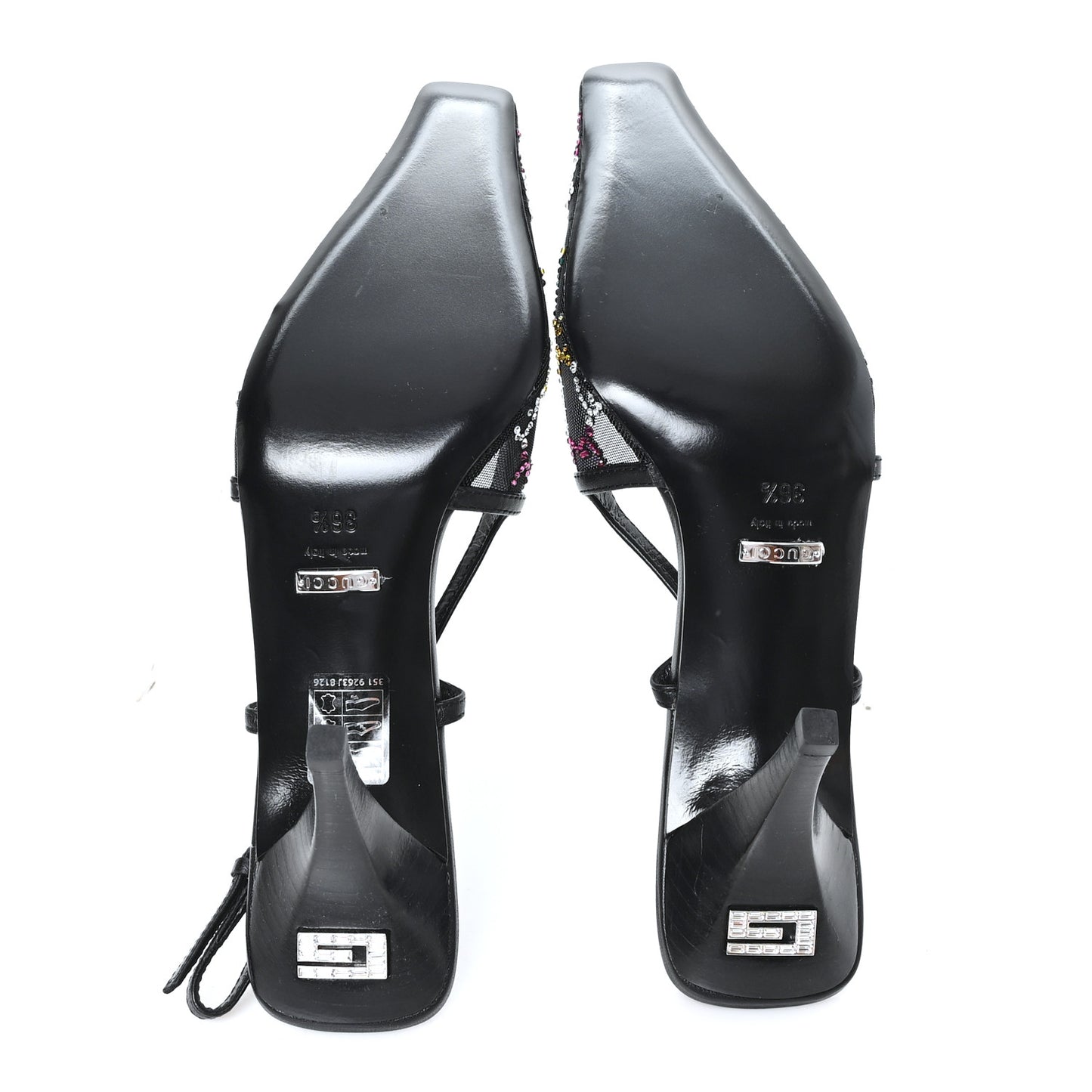 Tela Retino Nappa Charlotte Crystal GG Monogram Square G 75mm Slingback Pumps 36.5 Black