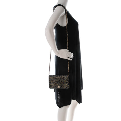 Chanel Lambskin Camellia Embossed Wallet On Chain WOC Black Gold 2 of 8