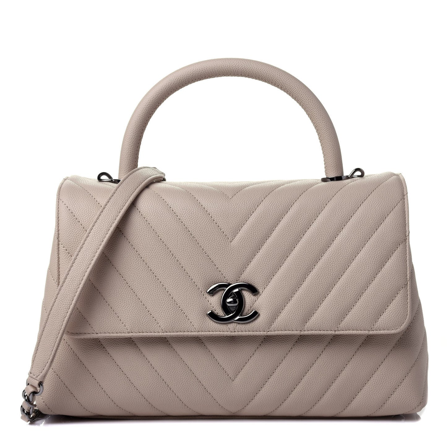 Caviar Chevron Quilted Small Coco Handle Flap Beige