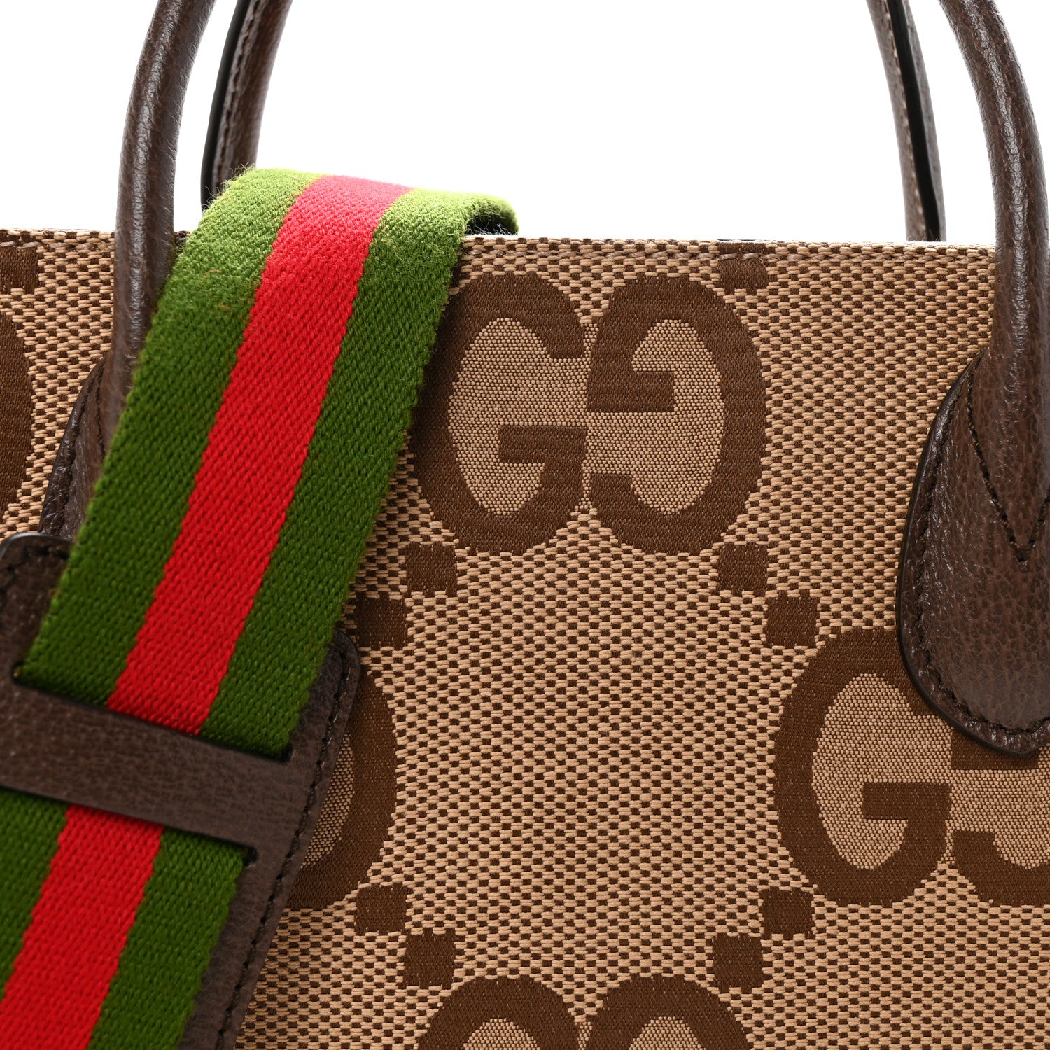 Gucci Monogram Jumbo GG Textured Dollar Calfskin Web Tote Bag Camel Ebony New Acero 7 of 9