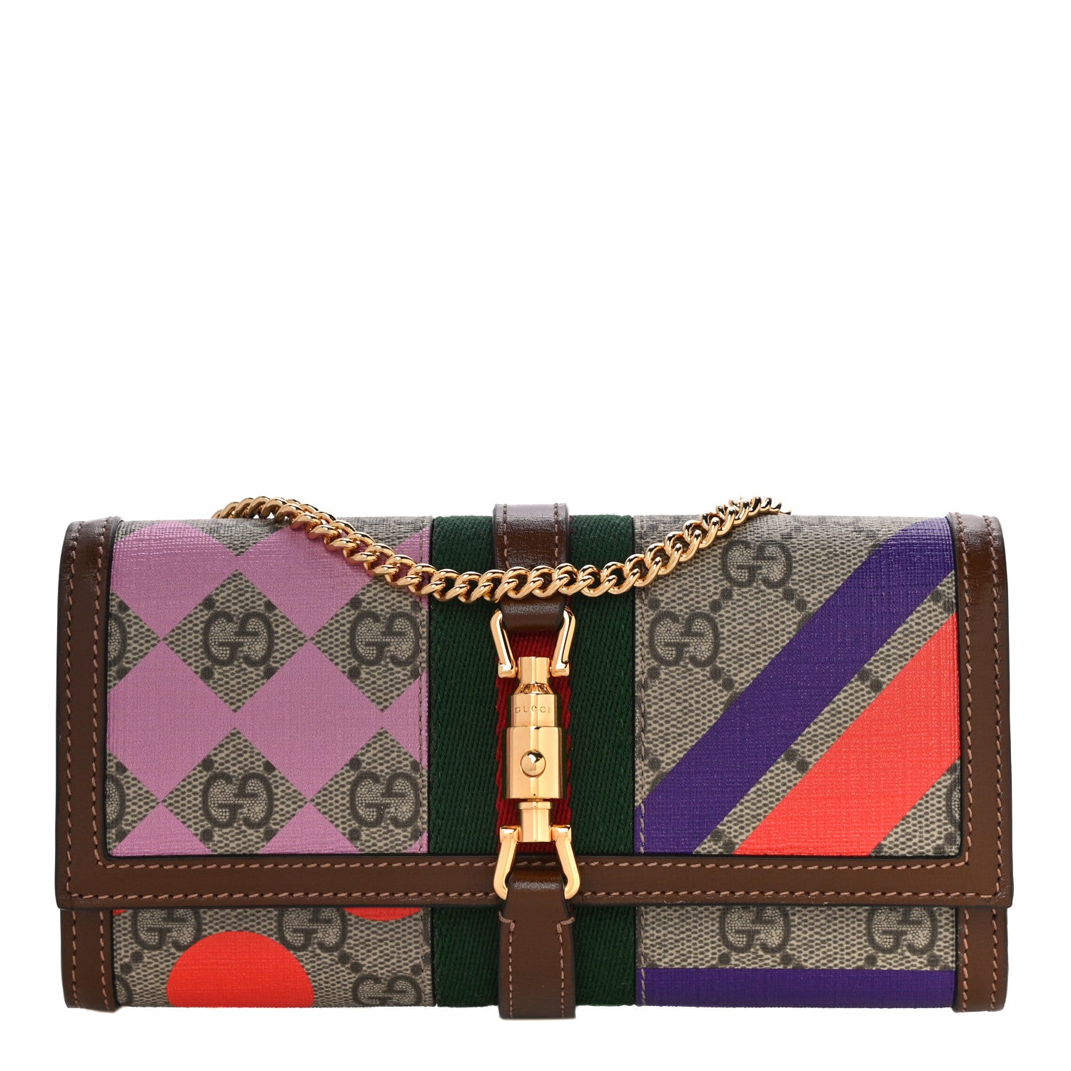 Gucci GG Supreme Monogram Geometric Web Jackie 1961 Chain Wallet Beige Multicolor Brown Sugar 1 of 10