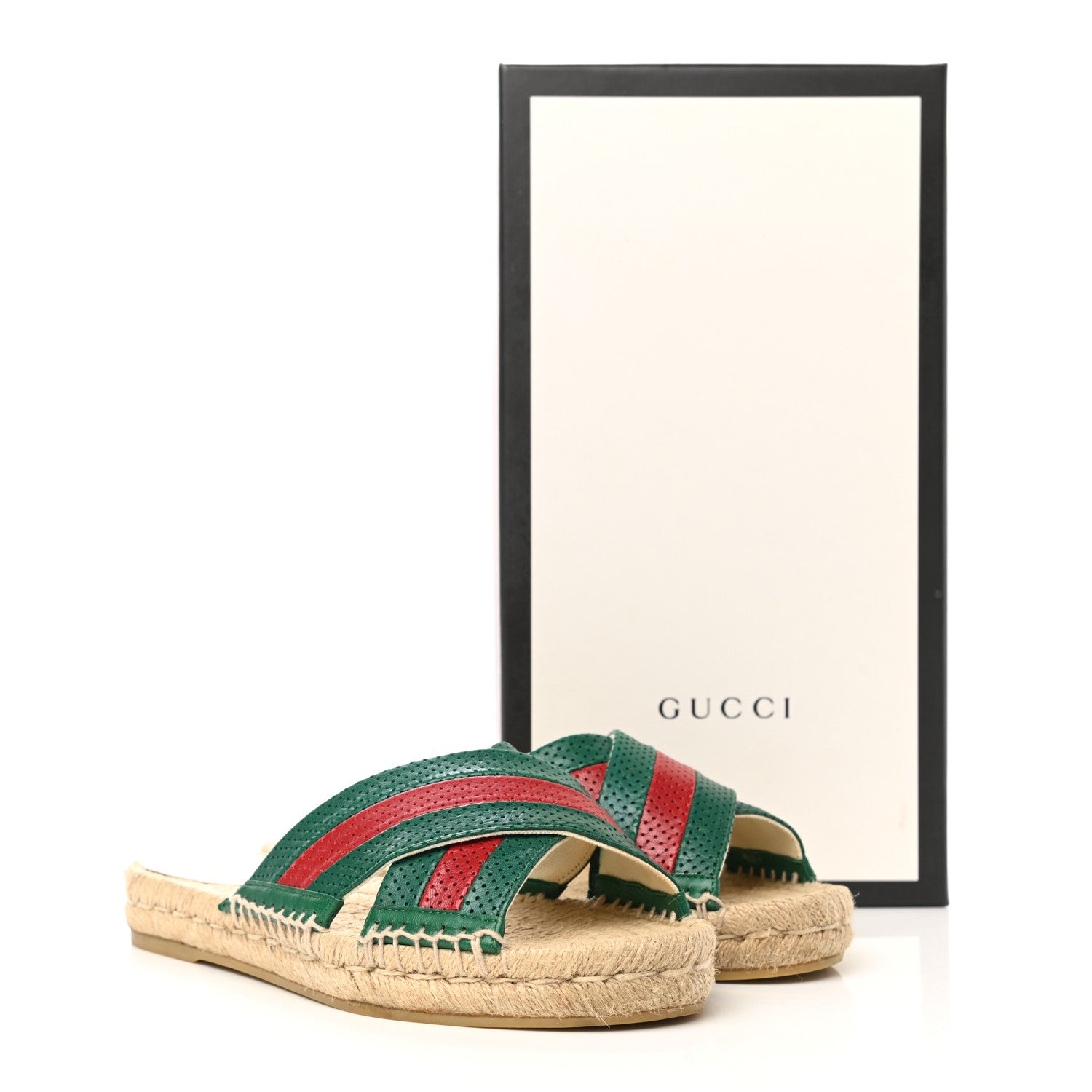 Gucci Malaga Kid Perforated Criss Cross Espadrille Slide Sandals 37 Emerald Hibiscus Red 10 of 10