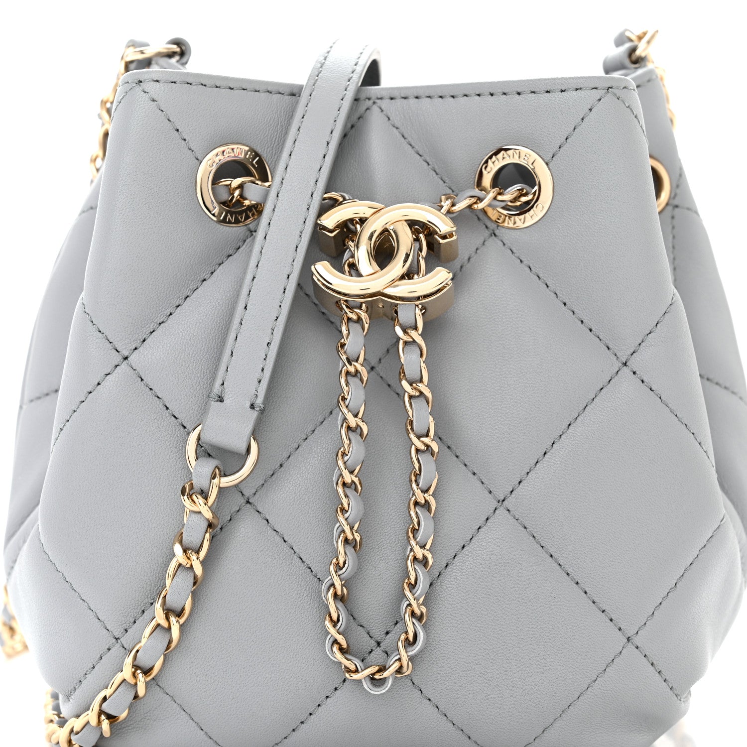 Chanel Lambskin Quilted CC Dweller Drawstring Bucket Bag Light Grey 8 of 11