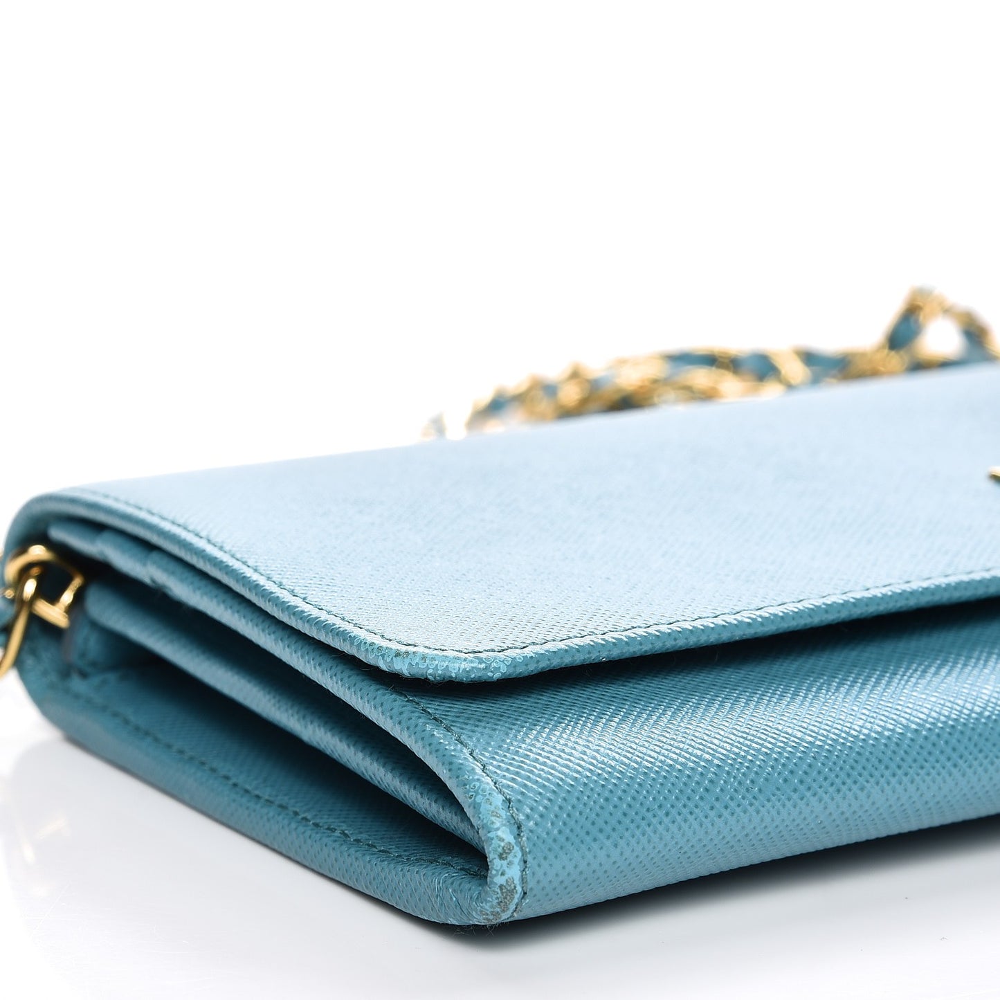 Saffiano Metal Oro Chain Wallet Turchese