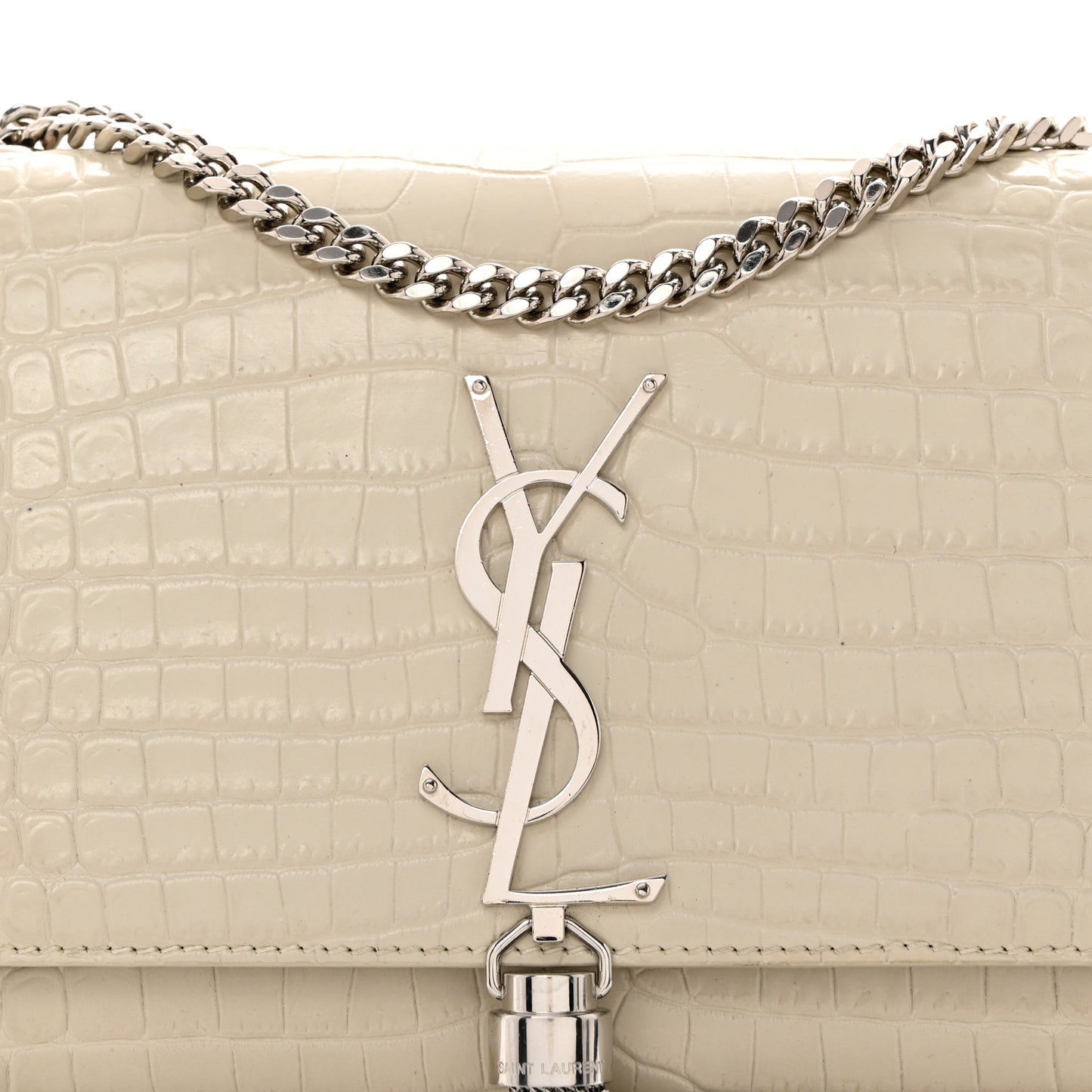 Calfskin Crocodile Embossed Small Classic Monogram Kate Tassel Satchel Blanc Vintage