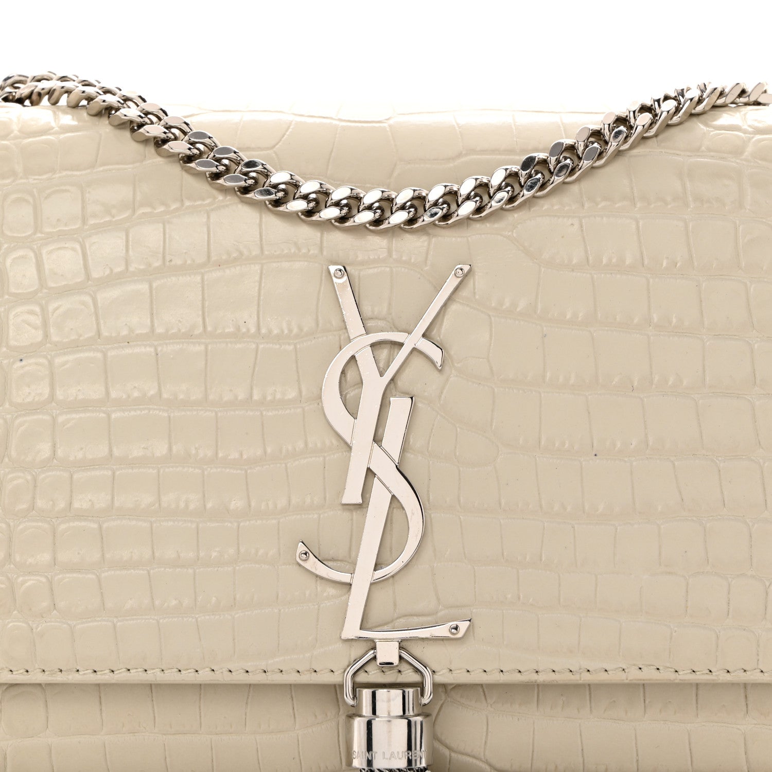 Saint Laurent Calfskin Crocodile Embossed Small Classic Monogram Kate Tassel Satchel Blanc Vintage 9 of 11