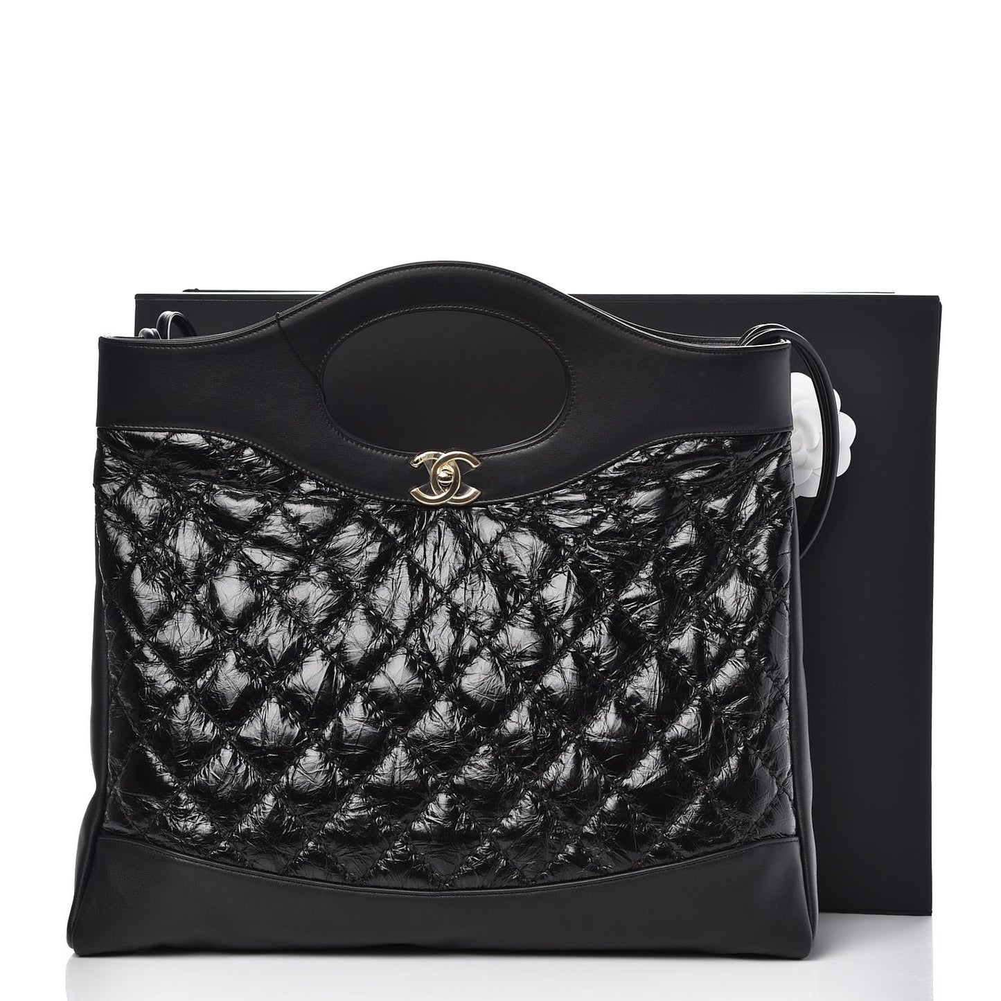 Crumpled Calfskin Quilted 31 Large Shopping Bag Black
